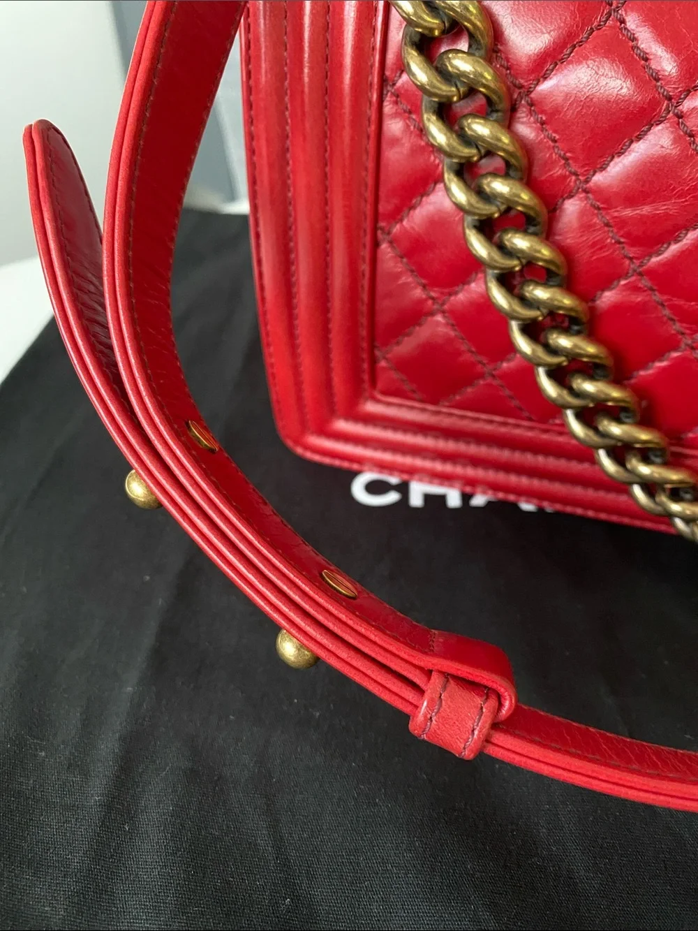 Chanel Boy Red Medium Bag Gold Hardware Comes Full Set: COA, Dust Bag, Box